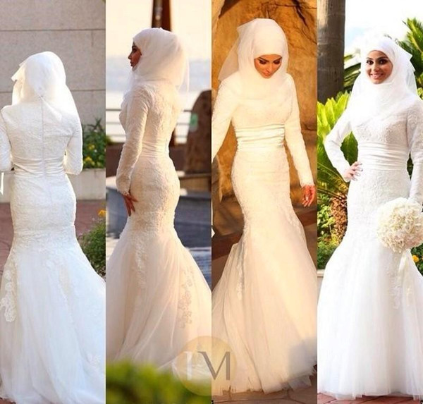 Wedding Dresses 2018 Beautiful Großhandel Muslim Brautkleider Meerjungfrau 2018 Rundhalsausschnitt Spitze Appliques Long Sleeves Bodenlangen Elegant Vintage Arabisch Brautkleider