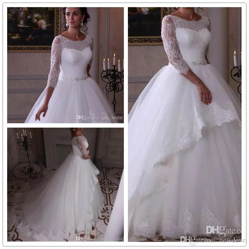Wedding Dresses 3 4 Sleeve Unique 2018 Princess Wedding Dresses A Line Scoop 3 4 Long Sleeve Sweep Train Bridal Gowns with Lace Applique Beaded Sash Plus Size
