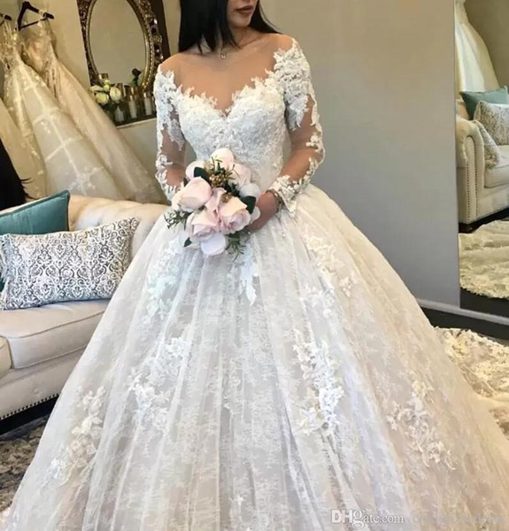 Wedding Dresses A Line Lace Elegant Discount A Line Full Lace Wedding Dresses 2019 V Neck Long Sleeves Tulle Appliques Fitted Puffy Bridal Gowns Bc0325 Chiffon Wedding Dress Dress