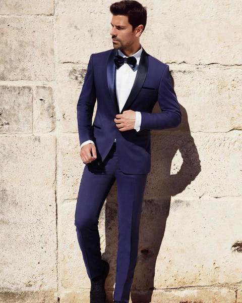 Wedding Dresses and Tuxedos New Dark Navy Men Wedding Suits Slim Fit Bridegroom Tuxedos Cheap Groomsmen Suit Two Pieces formal Business Jackets with Bow Tie Black Wedding Suits