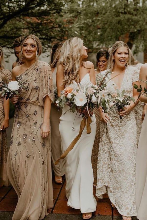 Bridesmaid dresses of different colors white cream beige ocher great idea for a bohemian wedding