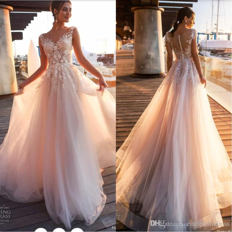 Wedding Dresses Cinderella Unique Discount 2019 Beach Country Lace Appliques A Line Wedding Dresses Sheer Scoop Neck Tulle Covered button Tulle Long Bridal Wedding Gowns Ba9808 Royal
