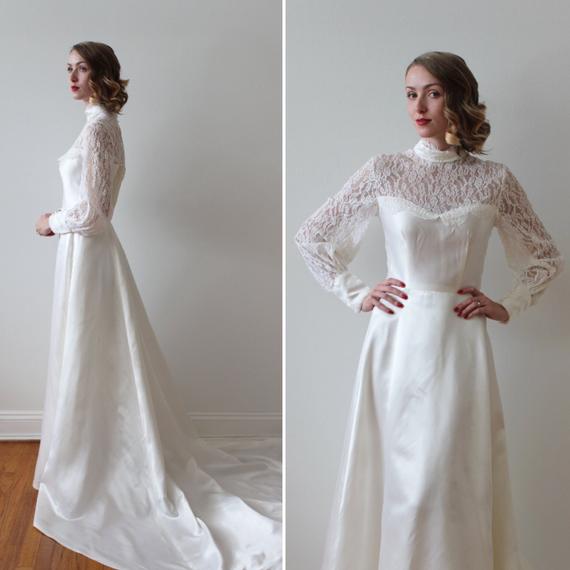 Wedding Dresses Cleveland Ohio Awesome Vintage 1970s Does 1950s Satin Wedding Dress with Lace Illusion Neckline and Lace Sleeves
