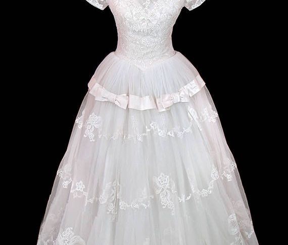 Wedding Dresses.com Inspirational 1950s Wedding Dress Applique Lace &amp; Tulle Silk Taffeta