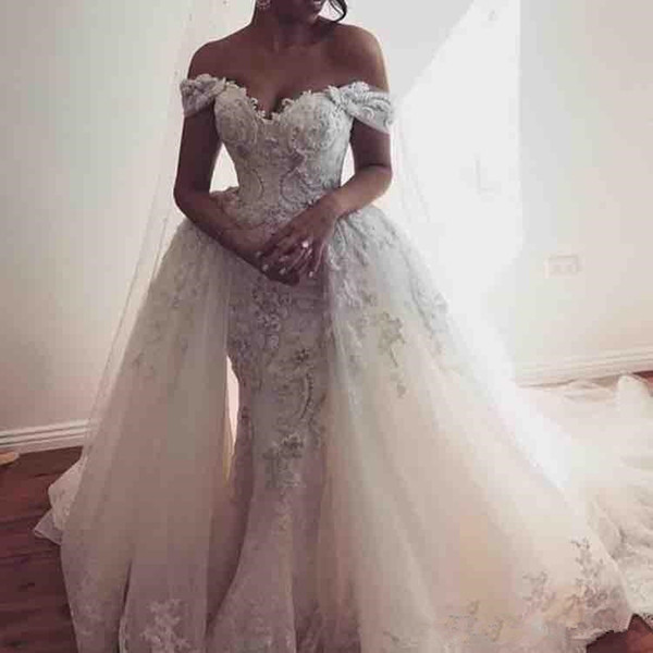 Wedding Dresses.com Luxury Discount Overskirts Wedding Dresses F the Shoulder Lace Appliques Tulle Wedding Dress with Detachable Train formal Wear Country Bridal Gowns Wedding