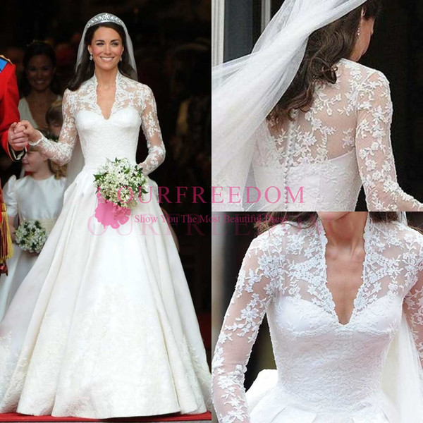 Wedding Dresses Cover Unique Discount Princess William and Kate Wedding Dresses 2019 Retro V Neck Long Sleeve Lace A Line Royal Church Bridal Gown Custom Made Back Cover button