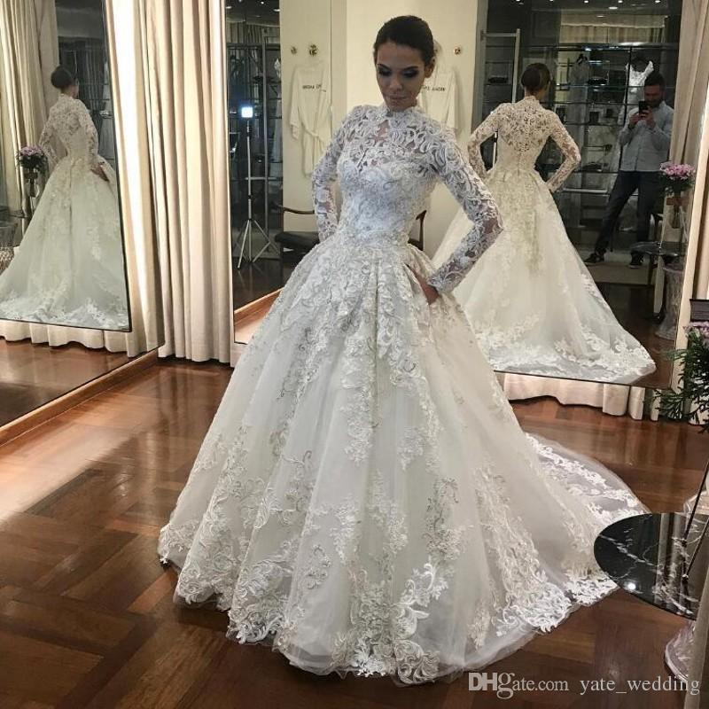 Wedding Dresses Covers Unique 2019 Elegant Lace Wedding Dresses High Neck Long Sleeves Ball Gown Wedding Dresses Covered button Sweep Train Bridal Gowns Free Shipping