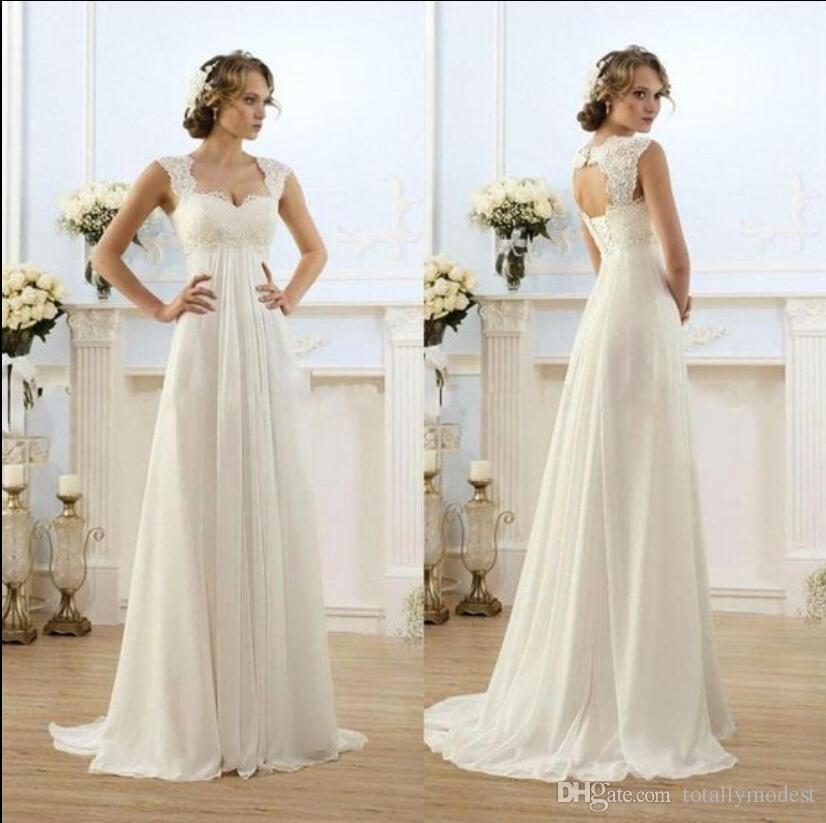Wedding Dresses Empire Waistline Beautiful Discount 2017 Simple Long Empire Waist Maternity Beach Reception Wedding Dresses Lace Open Back Bridal Gowns for Pregnant Women Cheap Price A Line