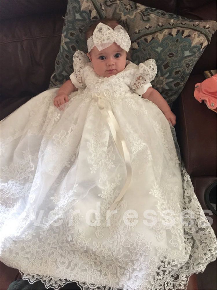 Wedding Dresses for Baby Girl New Baby Infant Baptism Dresses Christening Gown with Headband