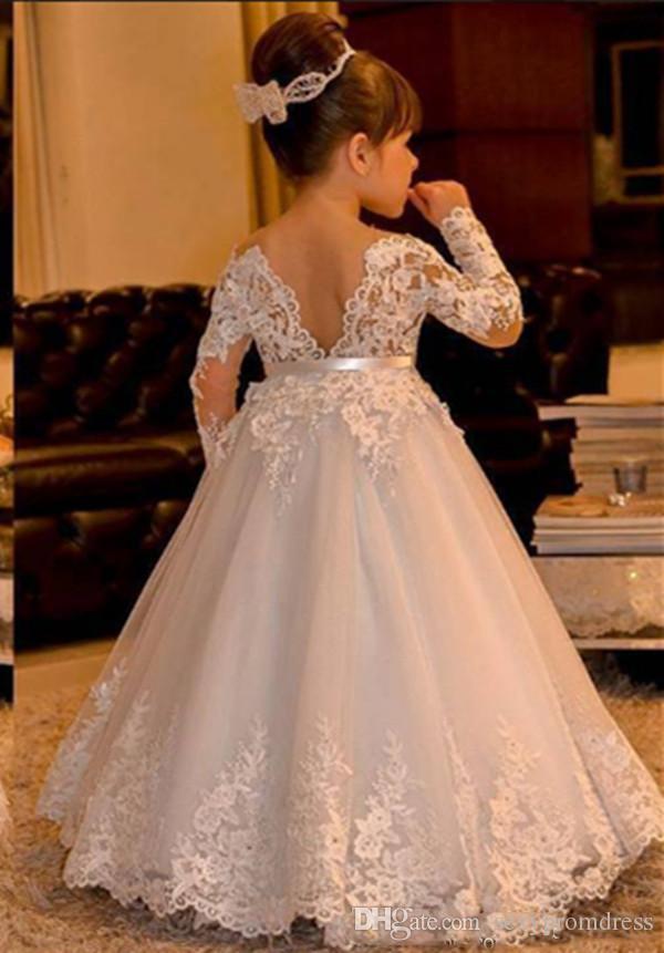 Wedding Dresses for Baby Girls Unique Cute White Lace Baby Wedding Dresses 2017 Long Sleeve V Backless Tulle Ball Gown Flower Girl Dresses Floor Length Girls Pageant Dresses Yellow Flower