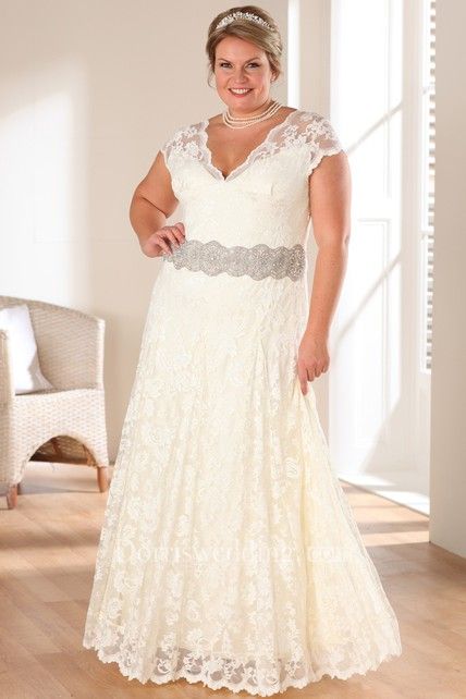 Wedding Dresses for Curvy Figures Elegant A Line Floor Length V Neck Cap Lace Waist Jewellery Dress In