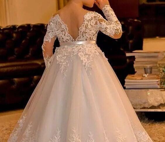 Wedding Dresses for Kids Unique White Lace Flower Girl Dresses Long Sleeves Kids Ball Gowns