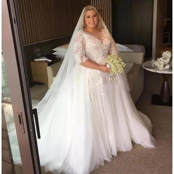 Wedding Dresses for Larger Ladies Beautiful Discount Plus Size Lace Wedding Dresses 2019 New Hot Selling Pleats Applique A Line Half Sleeve Tulle Sheer Bridal Gowns Vestidos De Noiva W690
