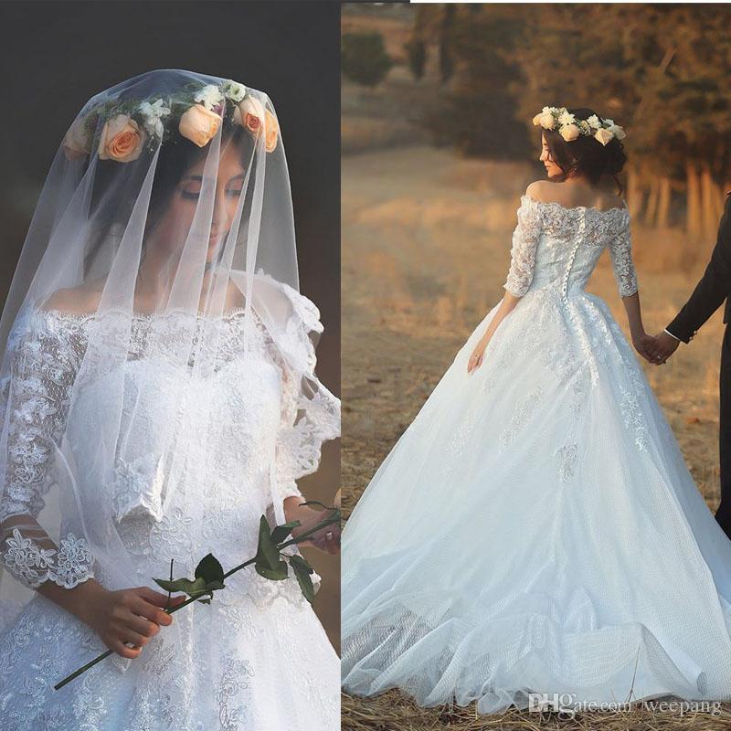 Wedding Dresses for Less Unique New Design 2017 Long Wedding Dress Boat Neck Half Sleeves Ball Gown Appliques Tulle Lace Chapel Train Wedding Gowns Hs161