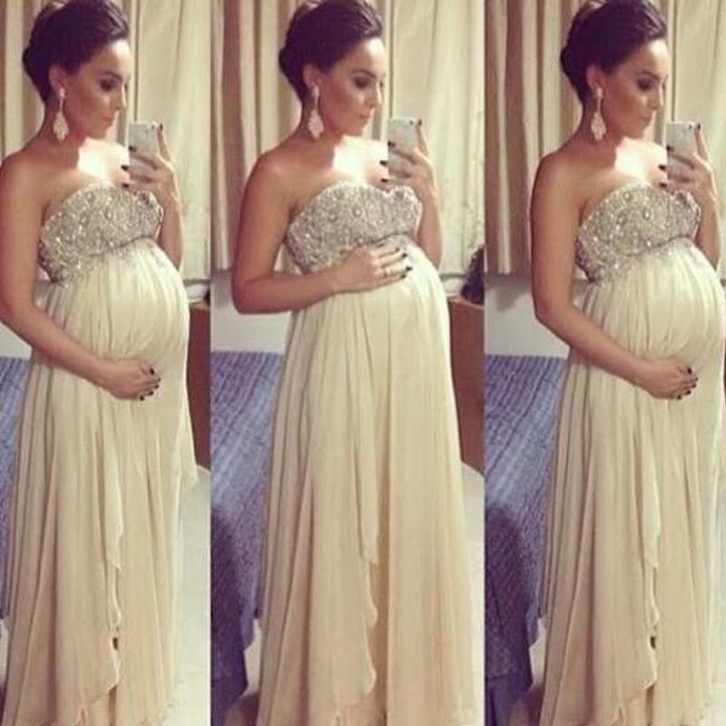 Wedding Dresses for Pregnant Women Awesome Stunning Prom Dresses for Pregnant Women Empire Crystals Beaded top Chiffon evening Dresses for Maternity High Quality formal Wear