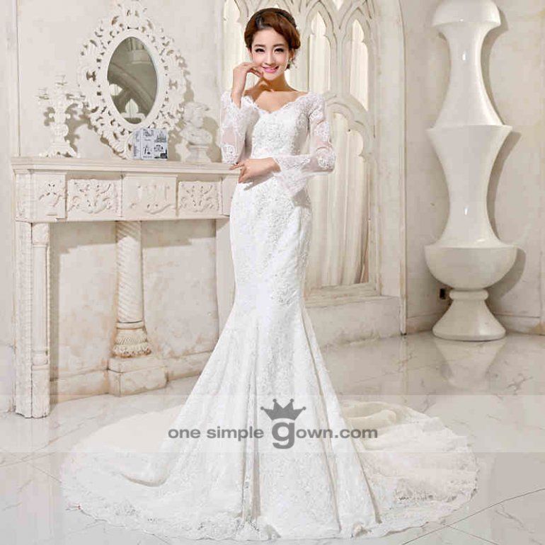 Wedding Dresses for Reception Luxury Malay Modern Reception Dresses Long Sleeve V Neck Lace