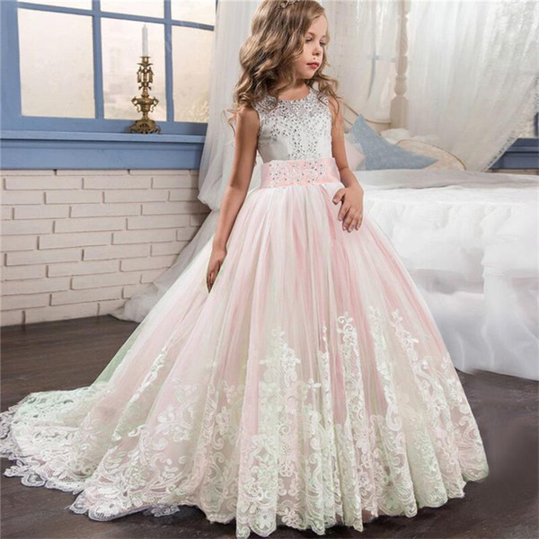 Wedding Dresses for Teenagers Elegant 2019 Bridesmaid Pageant Gown Girl Dress Girls Ceremony Kids Dresses for Teenager 10 12 14 Years Party Wedding Lace Children Clothes From Huangqiuning