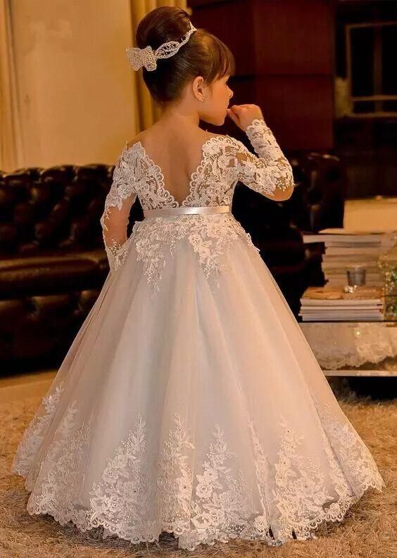 Wedding Dresses Girls Unique White Lace Flower Girl Dresses Long Sleeves Kids Ball Gowns