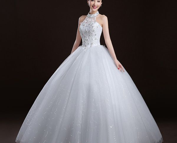Wedding Dresses Halter Luxury Halter Neck Ball Gown Wedding Dress with Lace Appliques 2017 New Tulle Wedding Gowns Lace Up Bridal Gowns Line Bridal Party Dresses From