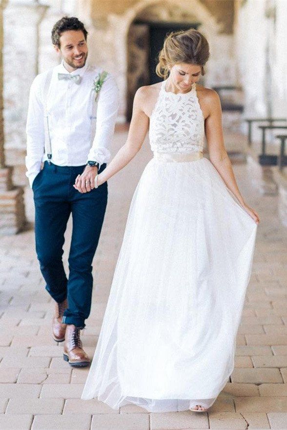 Wedding Dresses Halter top Fresh Princess White Lace Tulle Halter Backless Beach Bridal