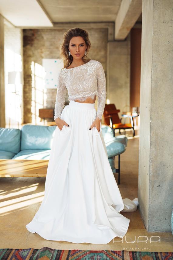 Wedding Dresses Halter top Inspirational Wedding Dress Inessa with Satin Skirt Crop top