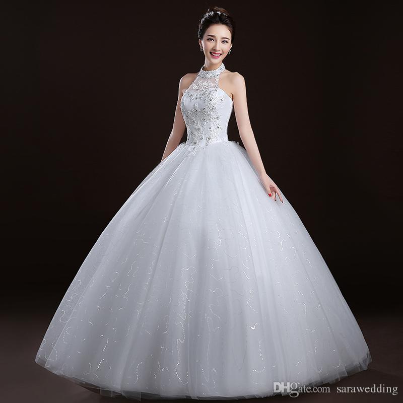 Wedding Dresses Halter top Unique Halter Neck Ball Gown Wedding Dress with Lace Appliques 2017 New Tulle Wedding Gowns Lace Up Bridal Gowns Line Bridal Party Dresses From