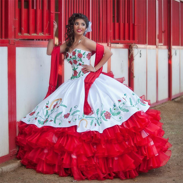 Wedding Dresses Mcallen Tx Lovely Vintage 2019 White and Red organza Cascading Ruffles Ball Gown Quinceanera Dresses Cheap Sweetheart Embroidery Tiered Sweet 16 Dress En7119