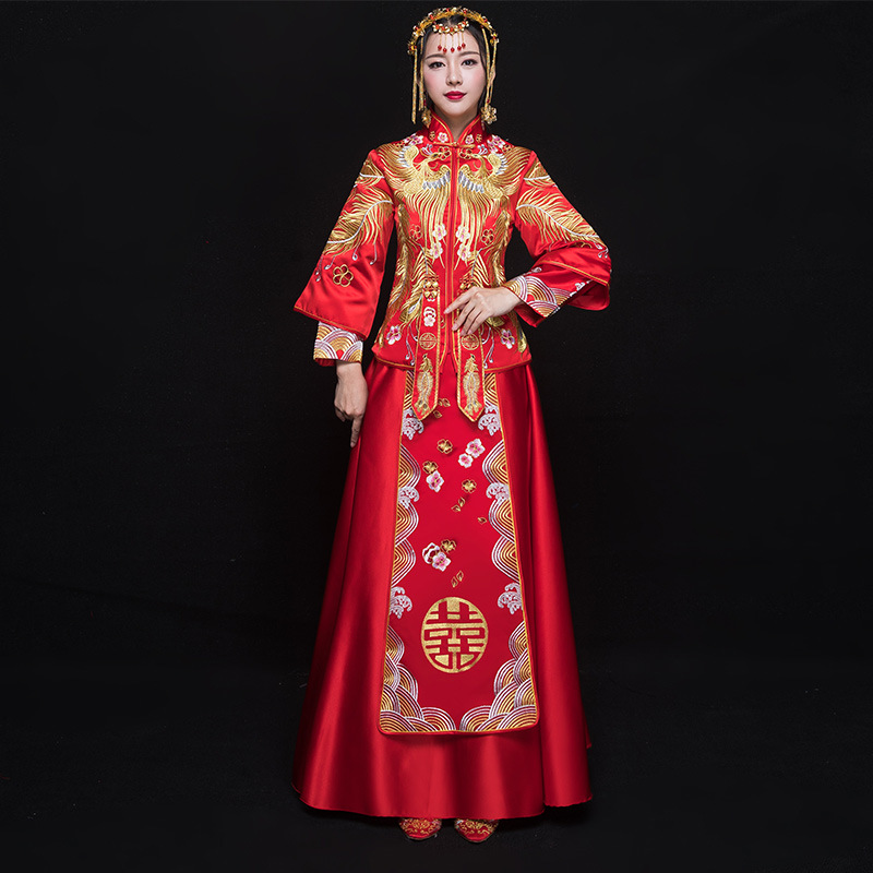 Classic Red Phoenix Cheongsam Chinese Women Wedding Dress Vintage Qipao Vestidos Oriental Female Toast Clothing Marriage