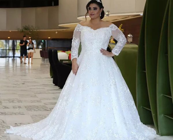 Wedding Dresses Plus Size with Sleeves Elegant Discount Long Sleeves Lace Wedding Dresses Plus Size with Beaded Appliques F Shoulder Sweep Train Tulled A Line Wedding Bridal Gowns A Line Dresses