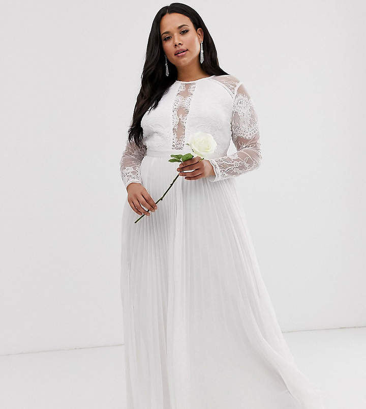 Asos Edition EDITION Curve long sleeve lace bodice maxi wedding dress with pleated skirt