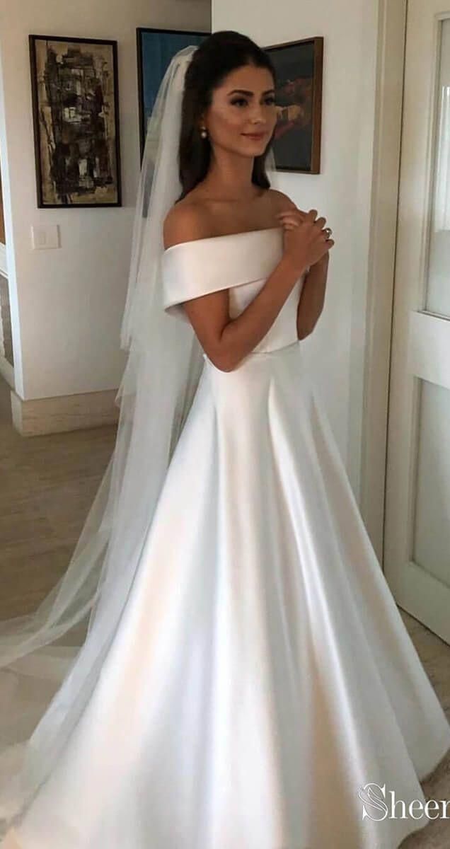 Wedding Dresses Satin Elegant F the Shoulder Modest Simple Wedding Gowns