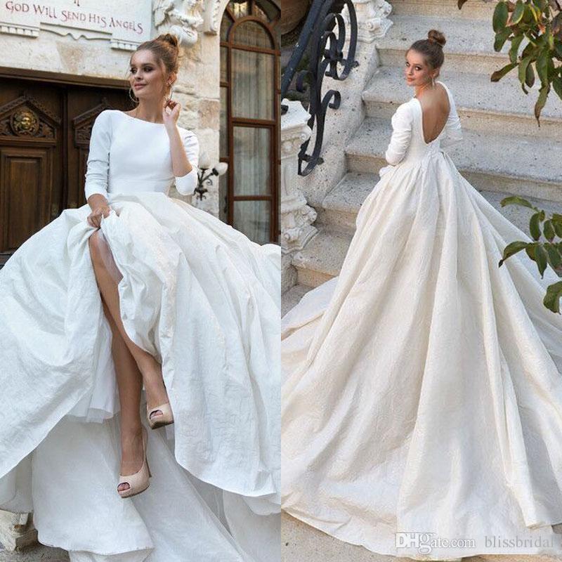 Wedding Dresses Silk Lovely New Simple Satin Ball Gown Wedding Dresses 34 Long Sleeves Backless Ball Gown Court Train Custom Made Bridal Gowns Bridal Gowns Canada 2019 From