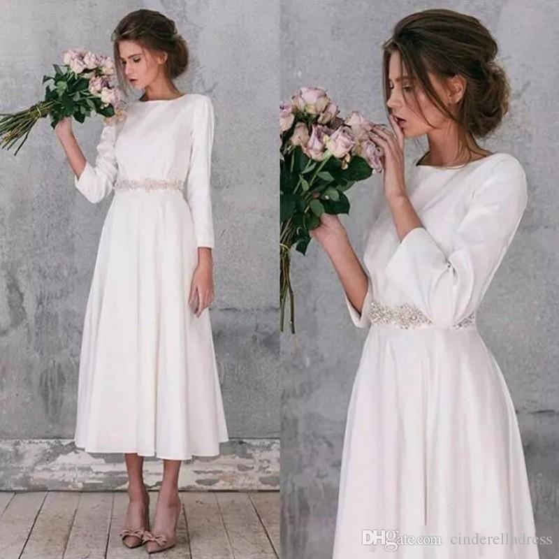 Wedding Dresses Sleeves Inspirational 2020 Vintage Scoop A Line Long Sleeve Country Tea Length Wedding Dresses Gorgeous Simple Wedding Bridal Gowns Robe De Mariage Custom Made