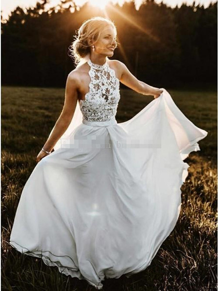 Wedding Dresses Under 100 Dollars Unique Discount Summer Country Wedding Dresses High Neck top Lace Halter Full Length Chiffon Long Y Beach Boho Bridal Gowns Cheap Plus Size Under 100