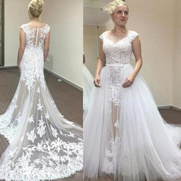 Wedding Dresses Under 150$ Elegant Discount Dream Illusion White Lace Wedding Dress with Detachable Train Skirt Two Way Bridal Dresses See Through Vestido De Novia Vestidos Casamento