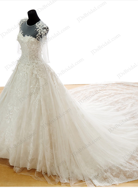 IS048 luxury sheer scoop top three quarter length sleeved lace ball gown princess wedding dress