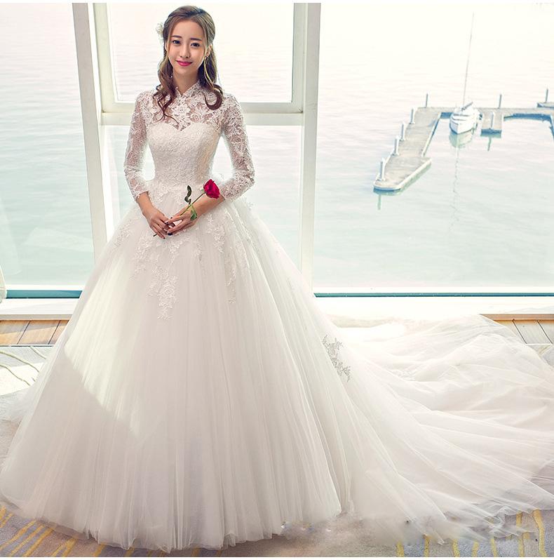 muslin lace wedding dress high collar