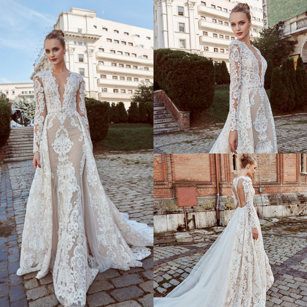 Wedding Dresses with Detachable Skirts Best Of Miriams Bride 2019 Mermaid Wedding Dresses with Detachable Skirts V Neck Lace Beads Long Sleeve Plus Szie Bridal Gowns Robe De Mariée Black and White