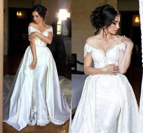Wedding Dresses with Detachable Skirts Lovely Arabic New Mermaid Wedding Dresses with Detachable Skirt F the Shoulder Sleeves Lace Appliques Beads Belt Overskirts Wedding Bridal Gowns Designer