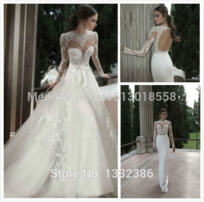 wedding gown with detachable skirt new 2014 lovely lace long sleeve wedding dresses detachable skirt