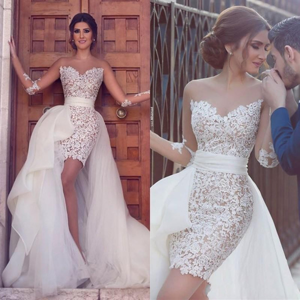 Wedding Dresses with Detachable Skirts Unique Y O Neck Sheer Long Sleeve Short Lace with Tulle Detachable Skirt Wedding Dresses 2016 Vestido De Noiva Y Beach Bridal Gowns Modern Wedding
