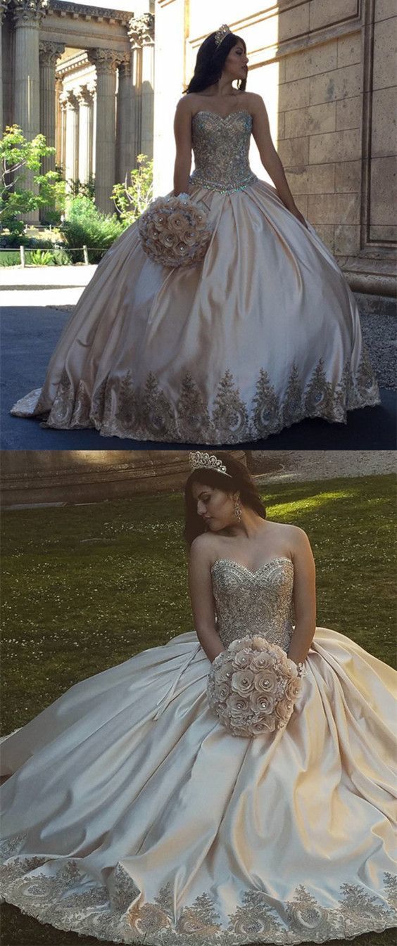 Wedding Dresses with Gold Lovely Gold Lace Embroidery Sweetheart Satin Ball Gowns Quinceanera