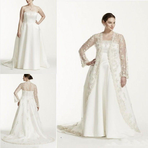 Wedding Dresses with Jackets Elegant Discount Strapless A Line Wedding Dresses 2019 Plus Size Two Pieces Wedding Dresses Bridal Gowns with Sheer Long Sleeve Lace Jacket Wedding Gowns