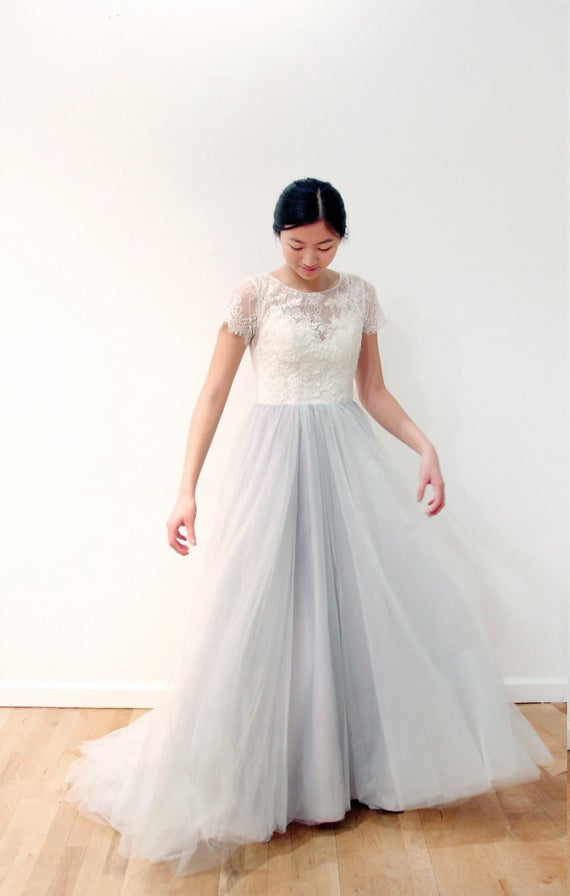 Wedding Dresses with Lace tops Best Of Short Sleeves Key Hole Lace top Gray Skirt Wedding Dress
