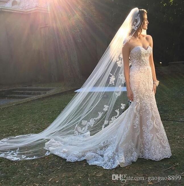 Wedding Dresses with Veils Beautiful 2019 Luxury Court Train Modest Wedding Dresses Mermaid Sweetheart Full Lace with Veil Plus Size Bridal Gowns Customized Vestito Da Sposa