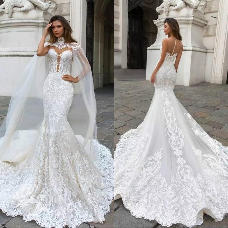 Wedding Gowns Fabric Awesome 2019 Vintage Mermaid Lace Wedding Dresses with Cape Sheer Plunging Neck Bohemian Wedding Gown Appliqued Plus Size Bridal Vestidos De Nnovia