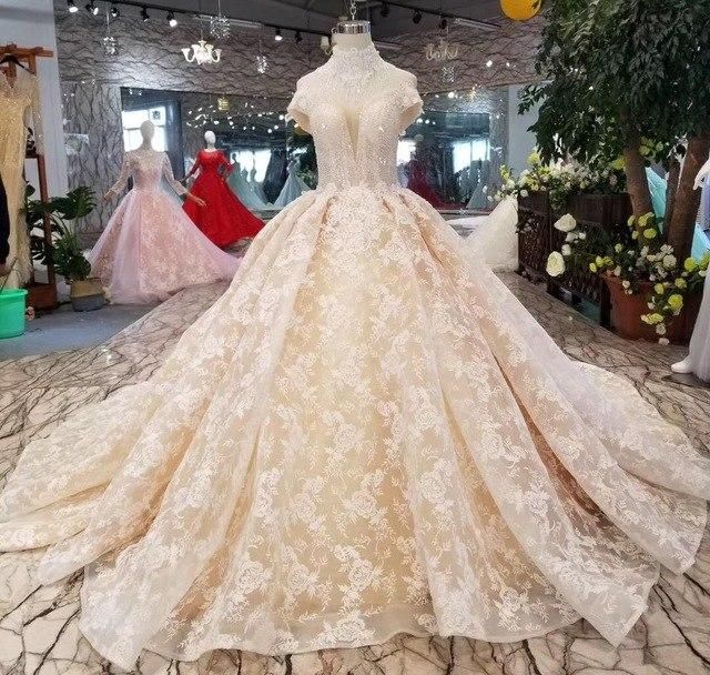 Wedding Gowns Fabric Beautiful Luxury Wedding Dress 2019 Full Laces Crystals Beads High