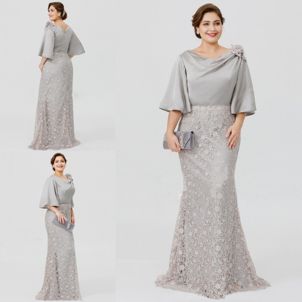Wedding Guest Dresses for Spring New 2019 New Silver Elegant Mother the Bride Dresses Half Sleeve Lace Mermaid Wedding Guest Dress Plus Size formal evening Gowns Plum Mother the