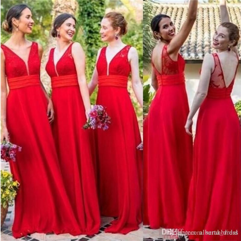 Wedding Party Dresses Cheap Awesome 2019 Red Chiffon V Neck Bridesmaid Dresses Cheap Backless Y Wedding Guest Dresses Long Floor A Line Party Prom formal Gowns