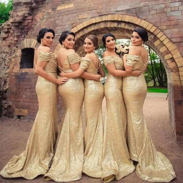 Wedding Party Dresses Cheap Beautiful Sequined Mermaid Bridesmaid Dresses Long Country Style Capped F Shoulder Beach Junior Wedding Party Guest Gown Cheap Maid Honor Dress Gold